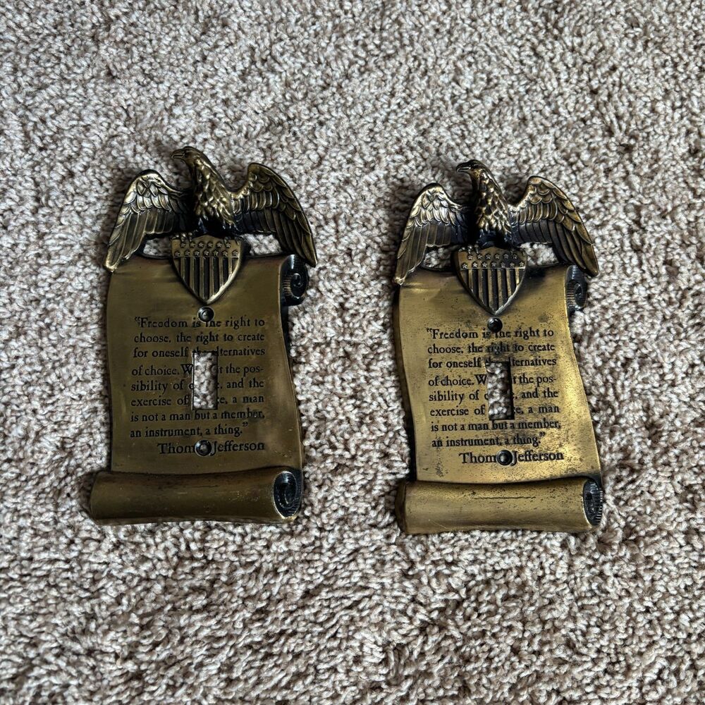 Vintage 60s Brass Single Switch Plate American Eagle Thomas Jefferson Set of 2